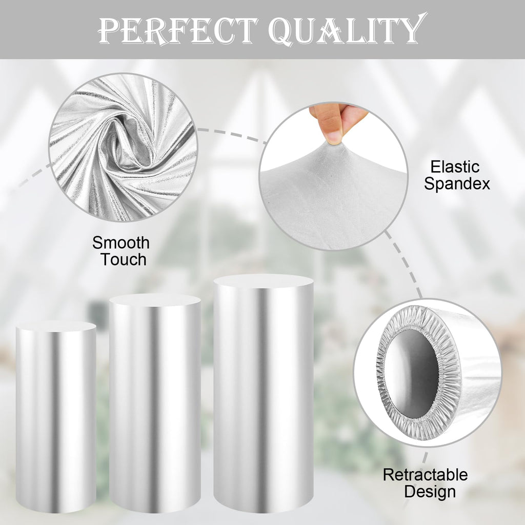 Saitimade Set Of 3 - Silver Cylinder Pedestal Stand Covers, Flexible Cylinder Stand Covers For Party, Wedding Or Birthday Event