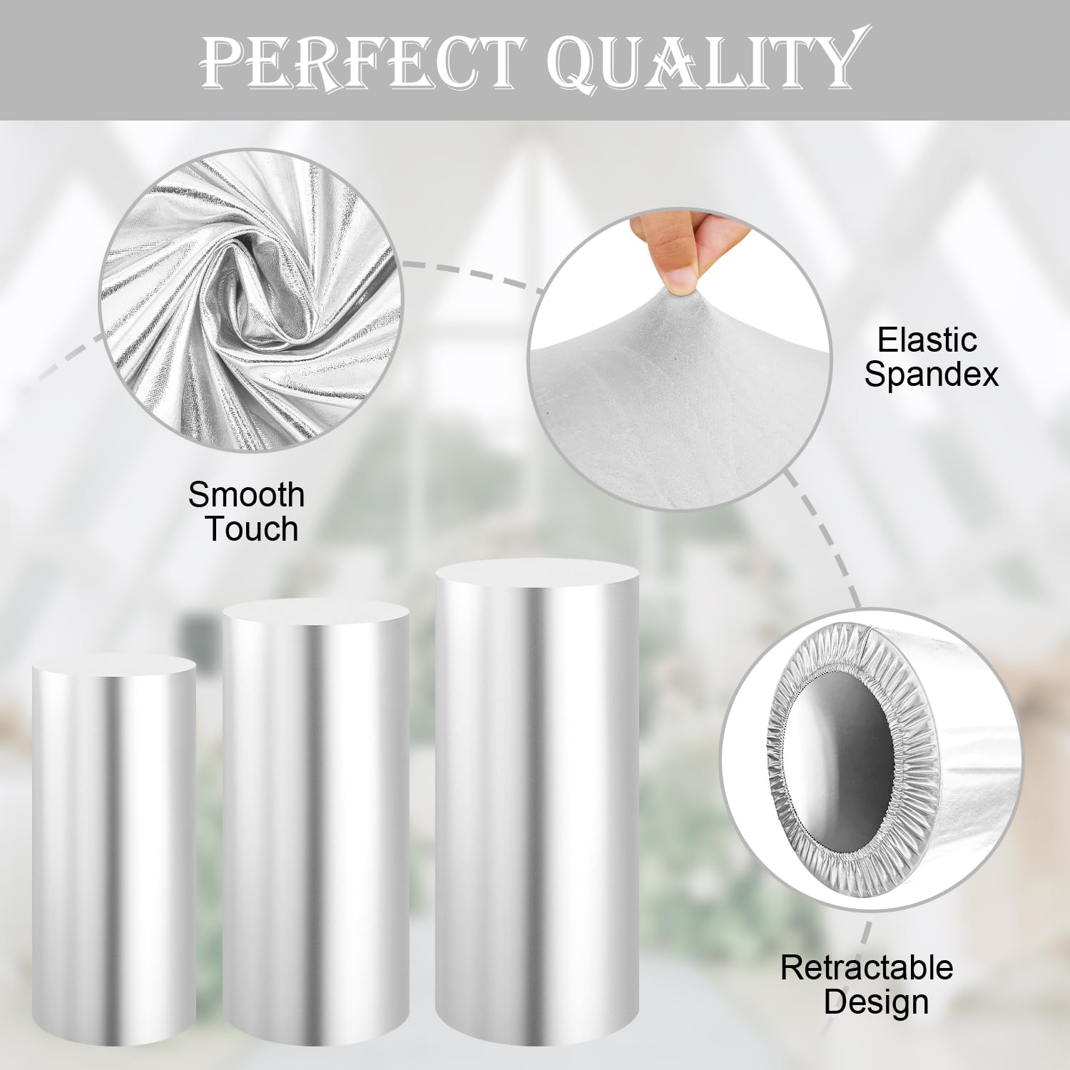 Saitimade Set Of 5 - Silver Cylinder Pedestal Stand Covers, Flexible Cylinder Stand Covers For Party, Wedding Or Birthday Event