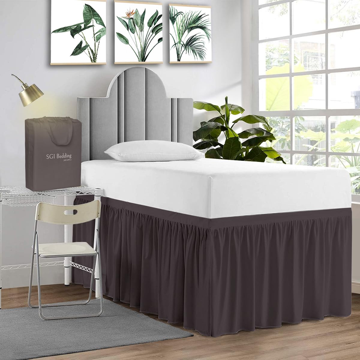 Sgi Bedding Dorm Bed Skirt Full Xl 32 Inch Drop Length - Dark Grey, Ruffled Pattern College Dorm Room Bed Skirts - Split Corner,