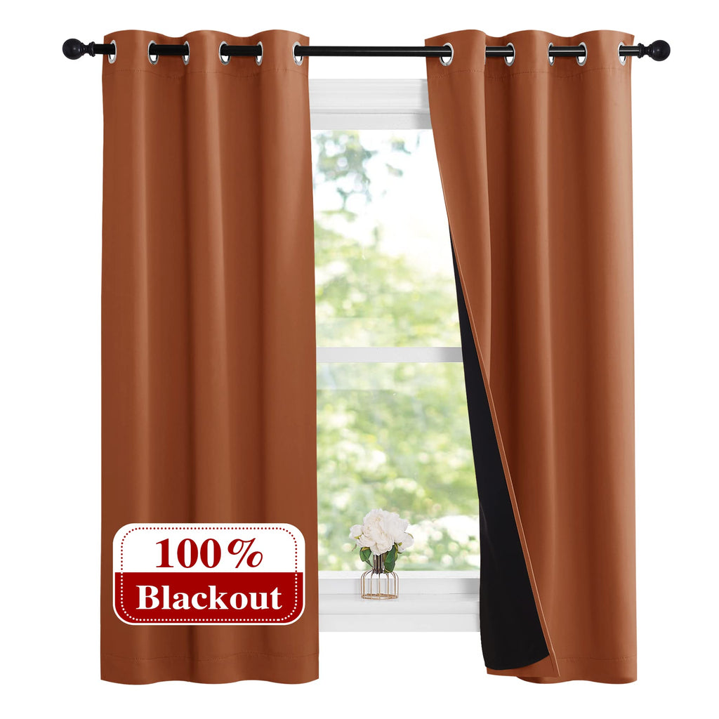 Nicetown Burnt Orange 100% Blackout Lined Curtains, 2 Thick Layers Narrow Wide Window Treatment Panels Thermal Insulated Drapes For Kitchen Small Window (1 Pair, 37' Width X 63' Length Each Panel)