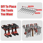 Junnuj Tool Organizer With Charging Station, 3 Layers Wall Mount Garage Tools Storage With 8 Outlets Power Strip, 4 Drills Holder Battery Heavy Duty Metal Shelf, Utility Rack With Hooks, Black