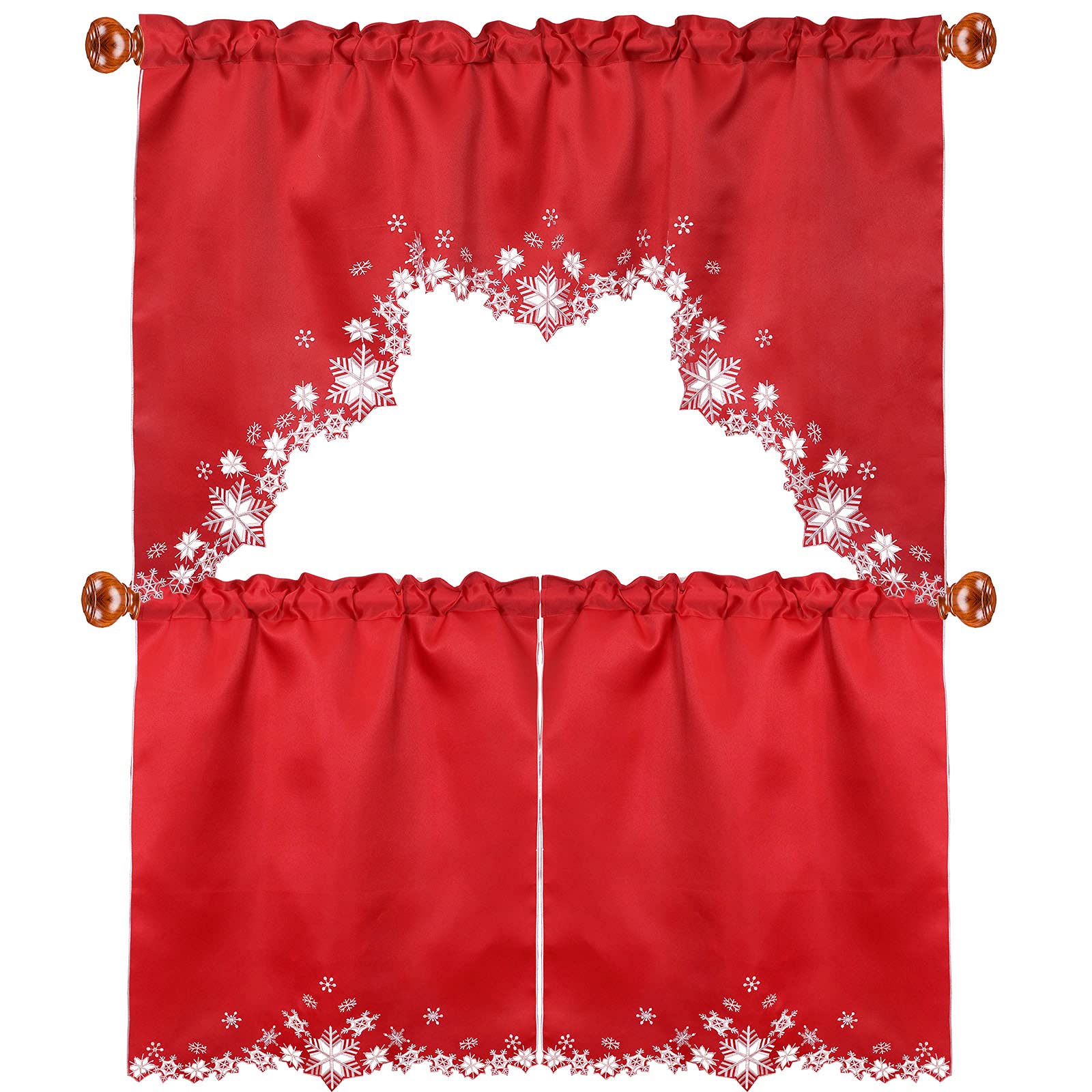 Simhomsen Embroidered Snowflakes Kitchen Window Curtain Swag and Tiers Set for Christmas and Winter (Red)