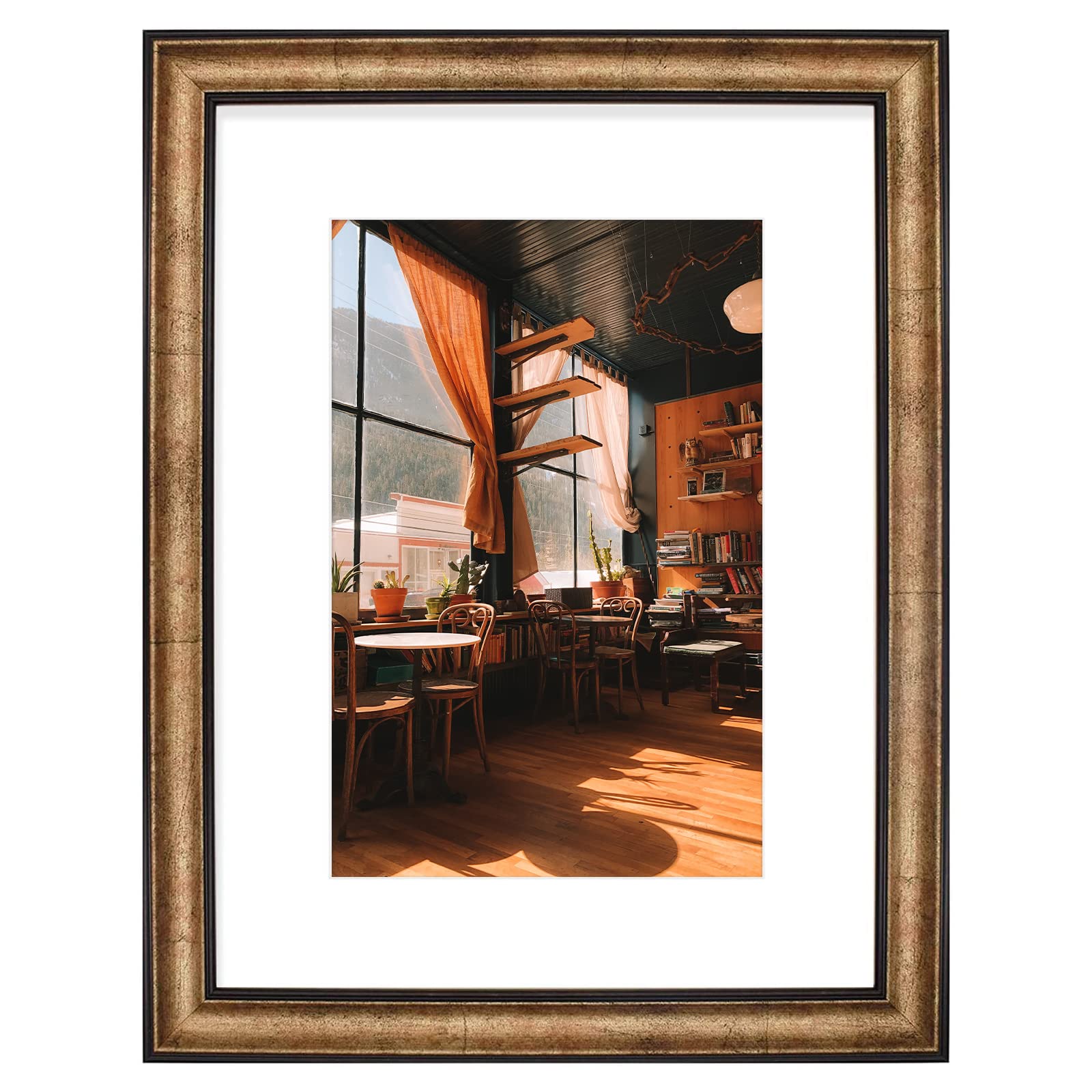 Golden State Art, 12x16 Black Trim Gold Frame - White Mat for 8x12 Photo - Vintage Antique Style - Brushed Texture Finish - Wall