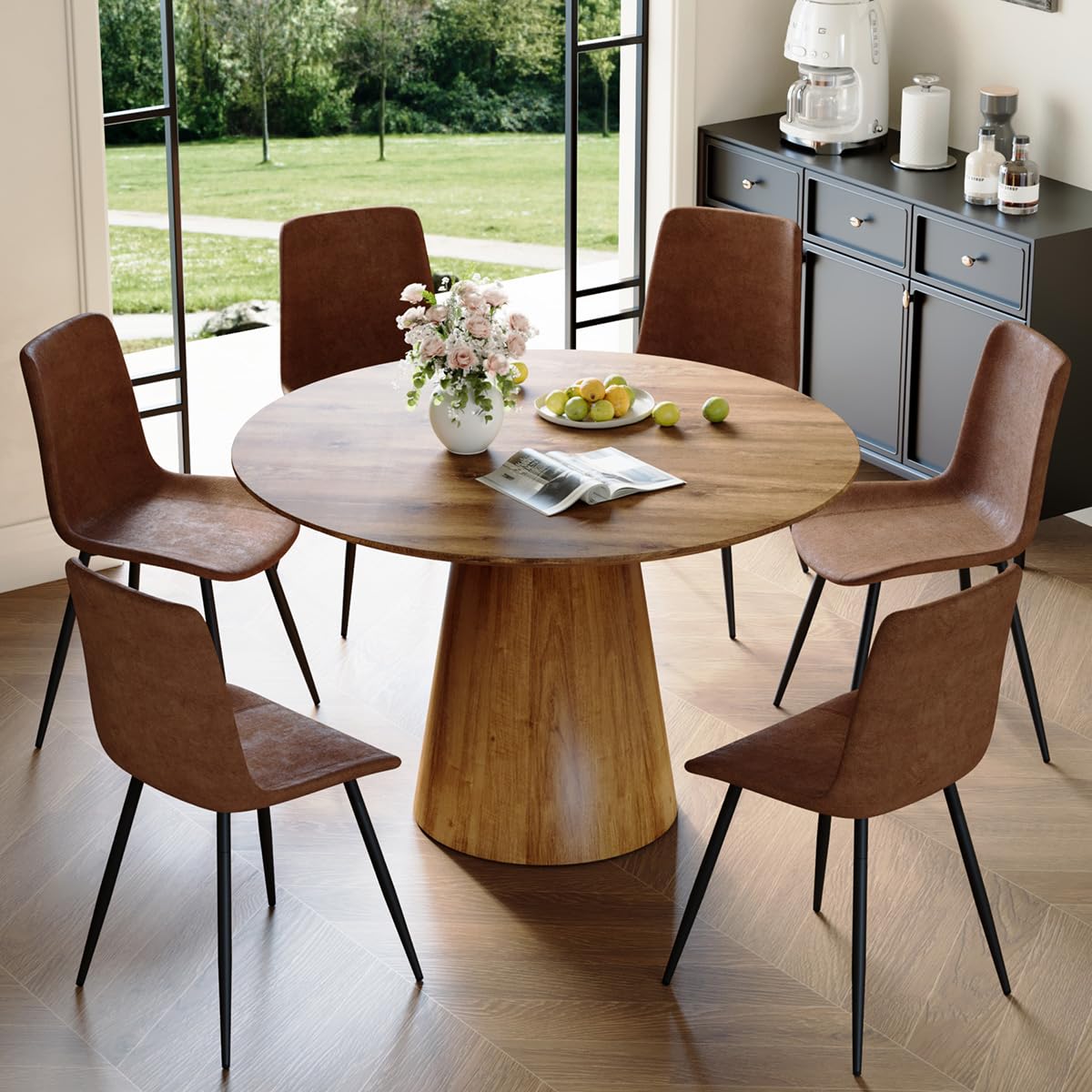 Baopin Round Dining Table Set For 6, 45' Round Wooden Dining Set With Cushioned Chairs, Round Table And Chair Set For Kitchen A