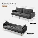 American Furniture Classics Dark Grey Tufted Futon Convertible Sofa Sleeper with Two Throw Pillows Velvet, 85" x 35" x 35"