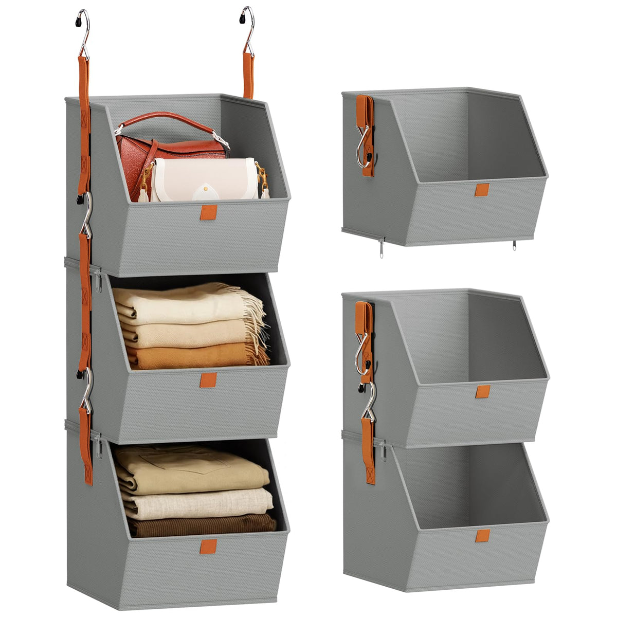 Homsorout Collapsible Hanging Closet Organizer  3 Tier Closet Shelves Storage System with Hooks, Fabric Hanging Storage Bins fo
