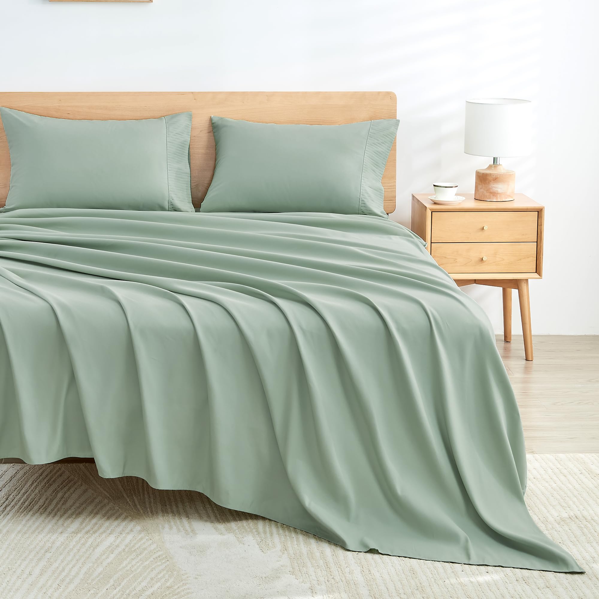 Andency Sage Green Sheets Queen Set 4 Pieces, Super Soft Sheets For Queen Size Bed, Microfiber Queen Sheet Set, Deep Pocket Up To 16', Hotel Luxury Breathable & Cooling Bedding Sheets & Pillowcases