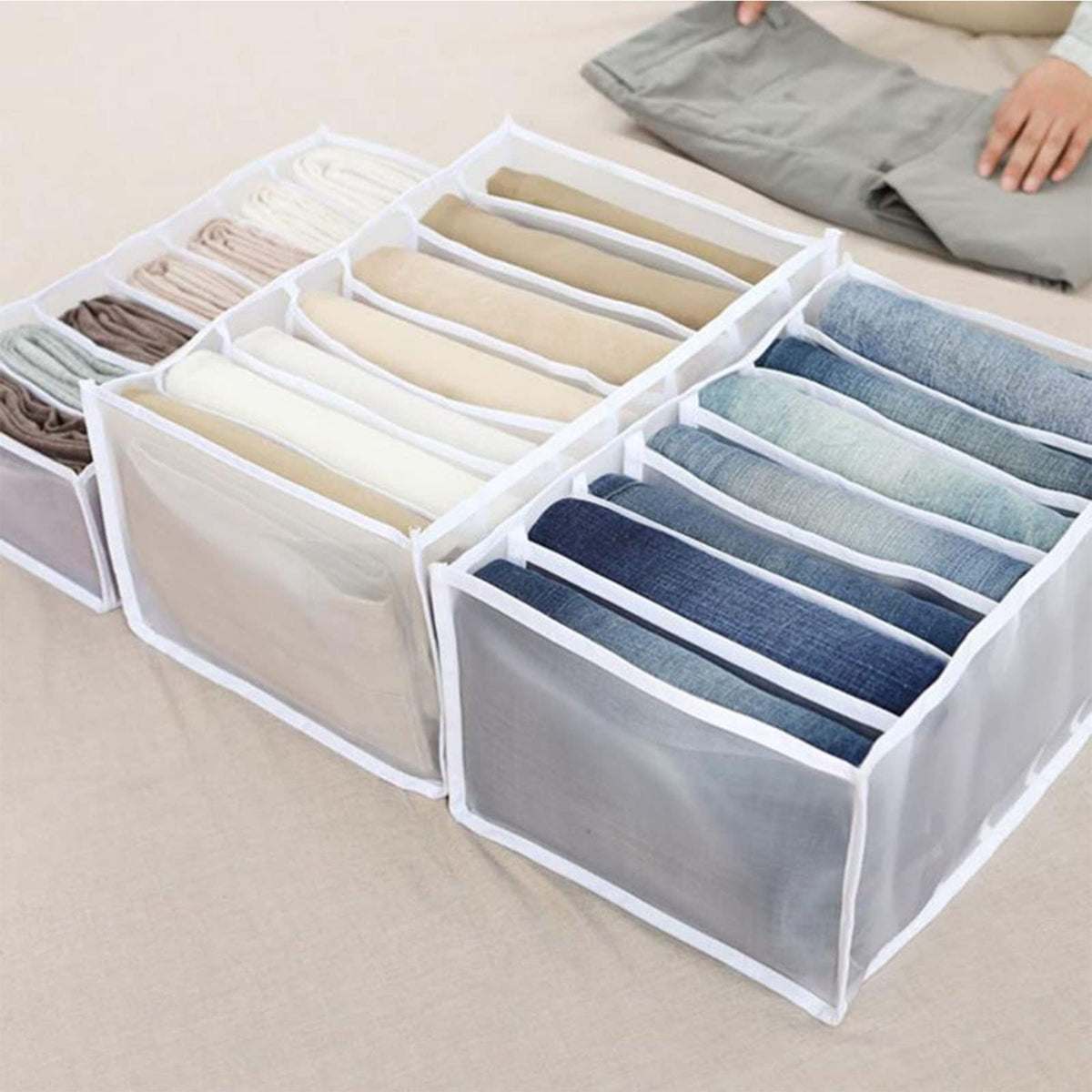 Omabeta Pants Divider Box, 7 compartment nonwoven washable pants storage organizer, storing pants Tshirts underwear white 2Pcs