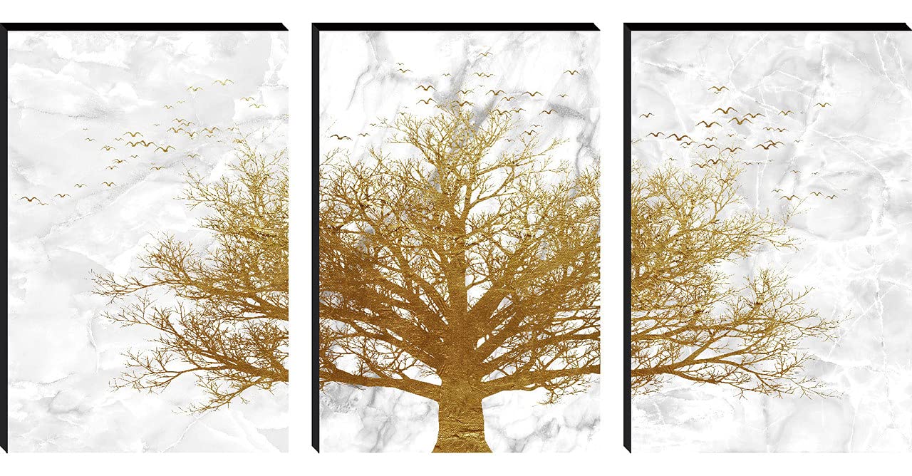 Saf Paintings Set Of 3 Golden Tree Modern Art Mdf Self Adhessive Uv Textured Painting 27 Inch X 12 Inch(Each Painting Size 12 In