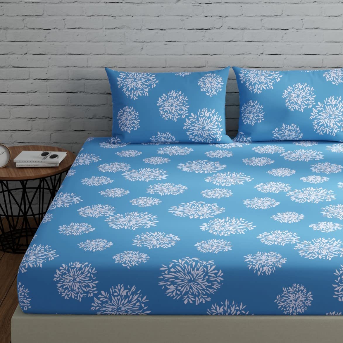 Huesland By Ahmedabad Cotton 144 Tc King Size Bed Sheet Cotton With 2 Pillow Covers | Blue | 108X108 Inches