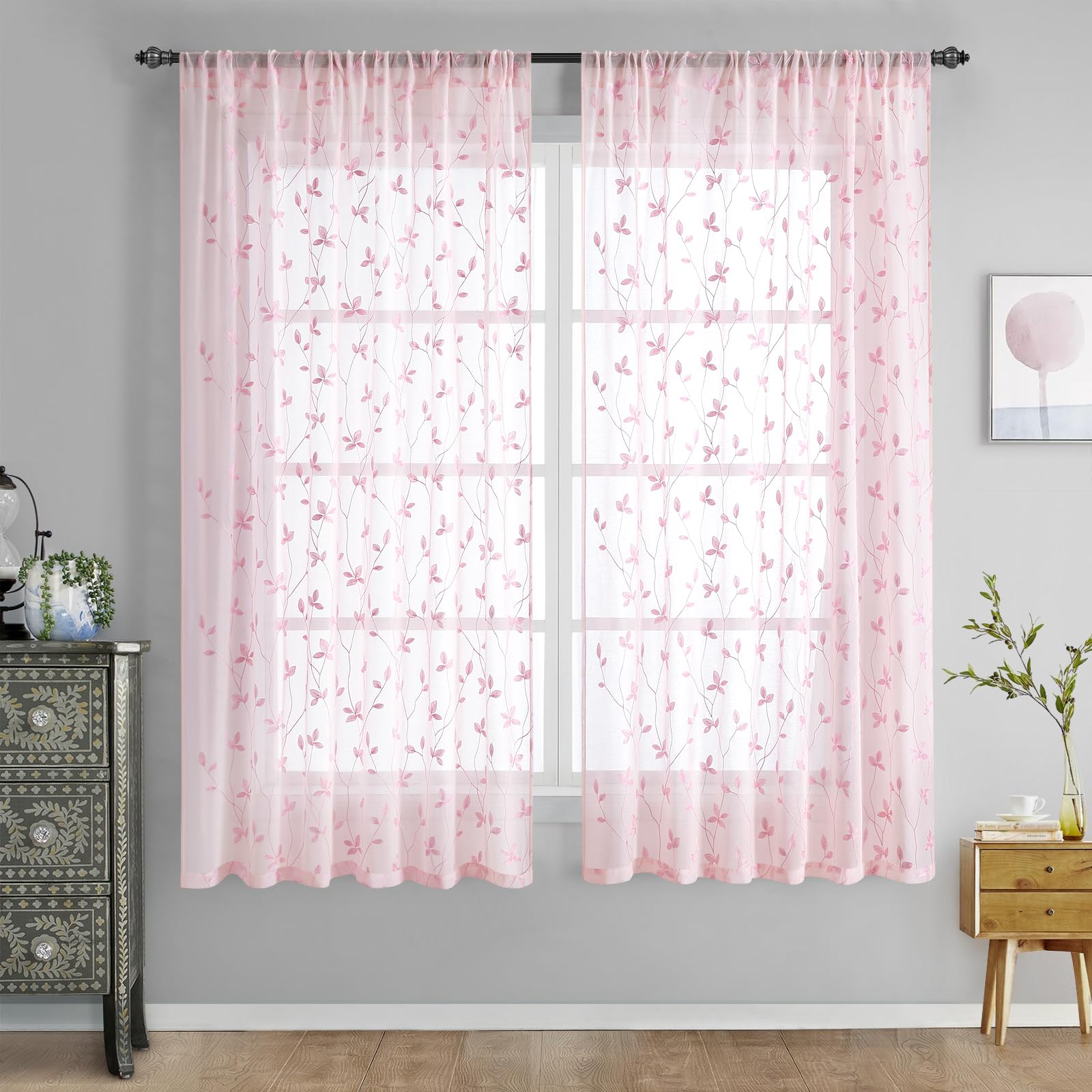 Homeideas Pink Sheer Curtains 52 X 63 Inches Length 2 Panels Embroidered Vine Floral Pattern Pocket Faux Linen Semi Sheer Voile