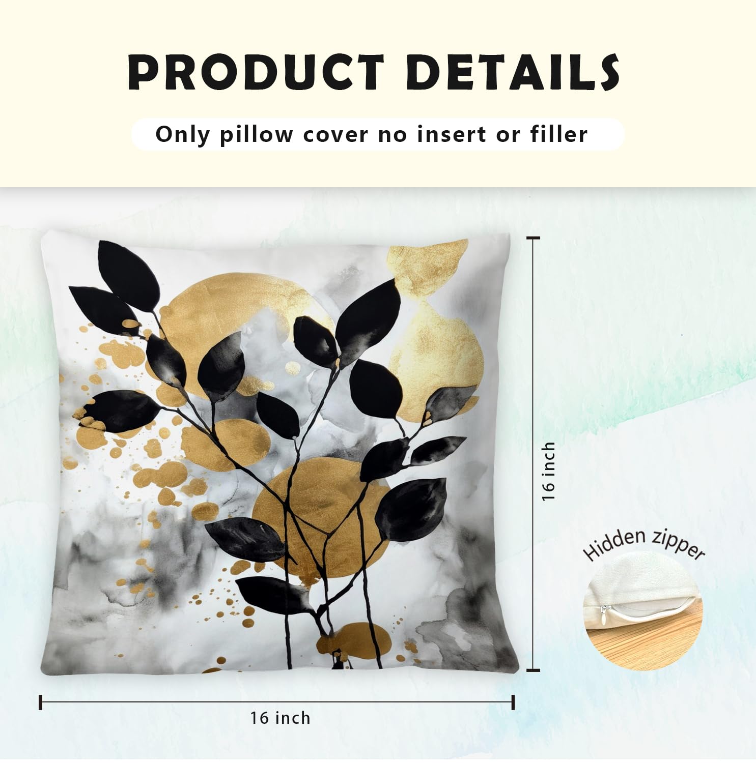 Supwhd Black And Gold Botanical Pillow Covers 16X16 Set Of 2, Abstract Modern Decorative Throw Pillow Covers For Living Room Bed