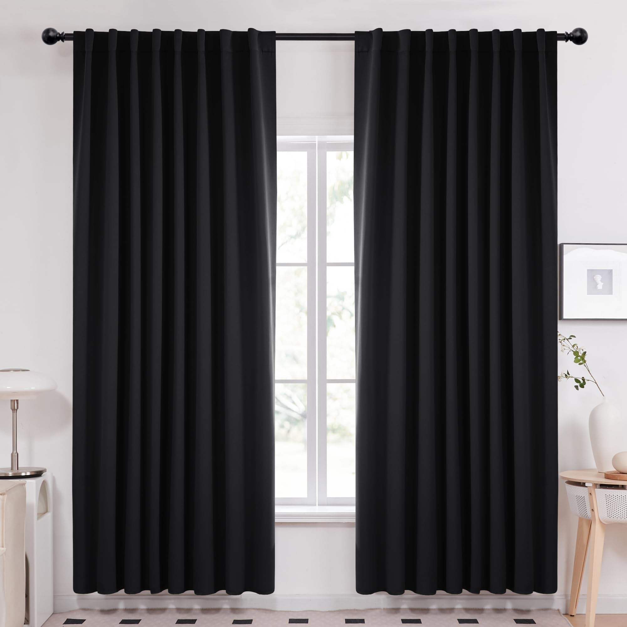 Deconovo Blackout Curtains – Room Darkening, Noise-Reducing, Thermal Insulated – Energy-Efficient Window Treatment For Bedroom, Living Room & Home Office – 2 Panels, Black, 70W X 108L Inch