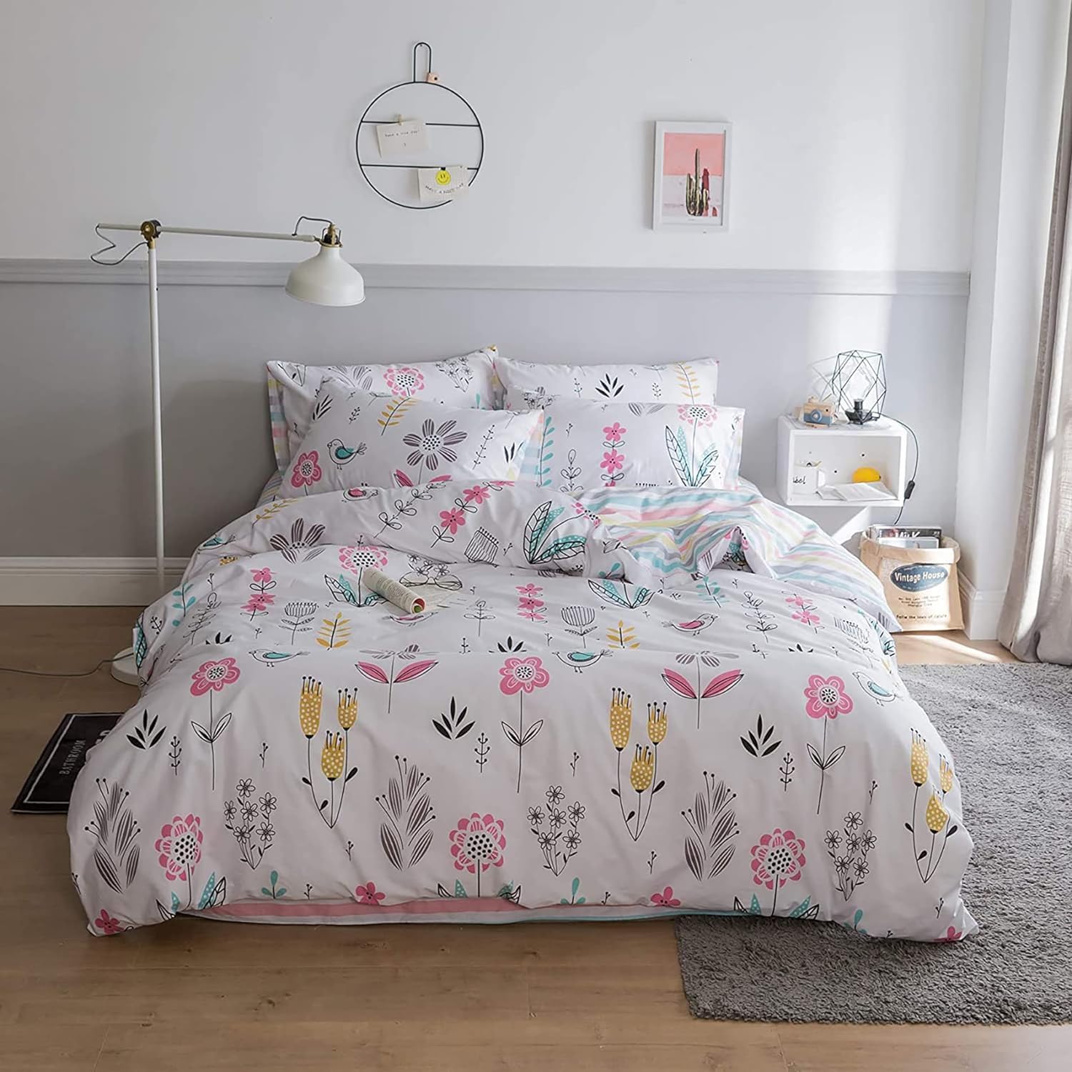 Boho Floral Duvet Cover Full Size Girls Floral Print Bedding Sets Garden Style Aesthetic Duvet Cover Cotton Floral Comforter Cov