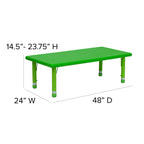 Flash Furniture Rectangular Plastic Height Adjustable Activity Table, 24 x 48, Green