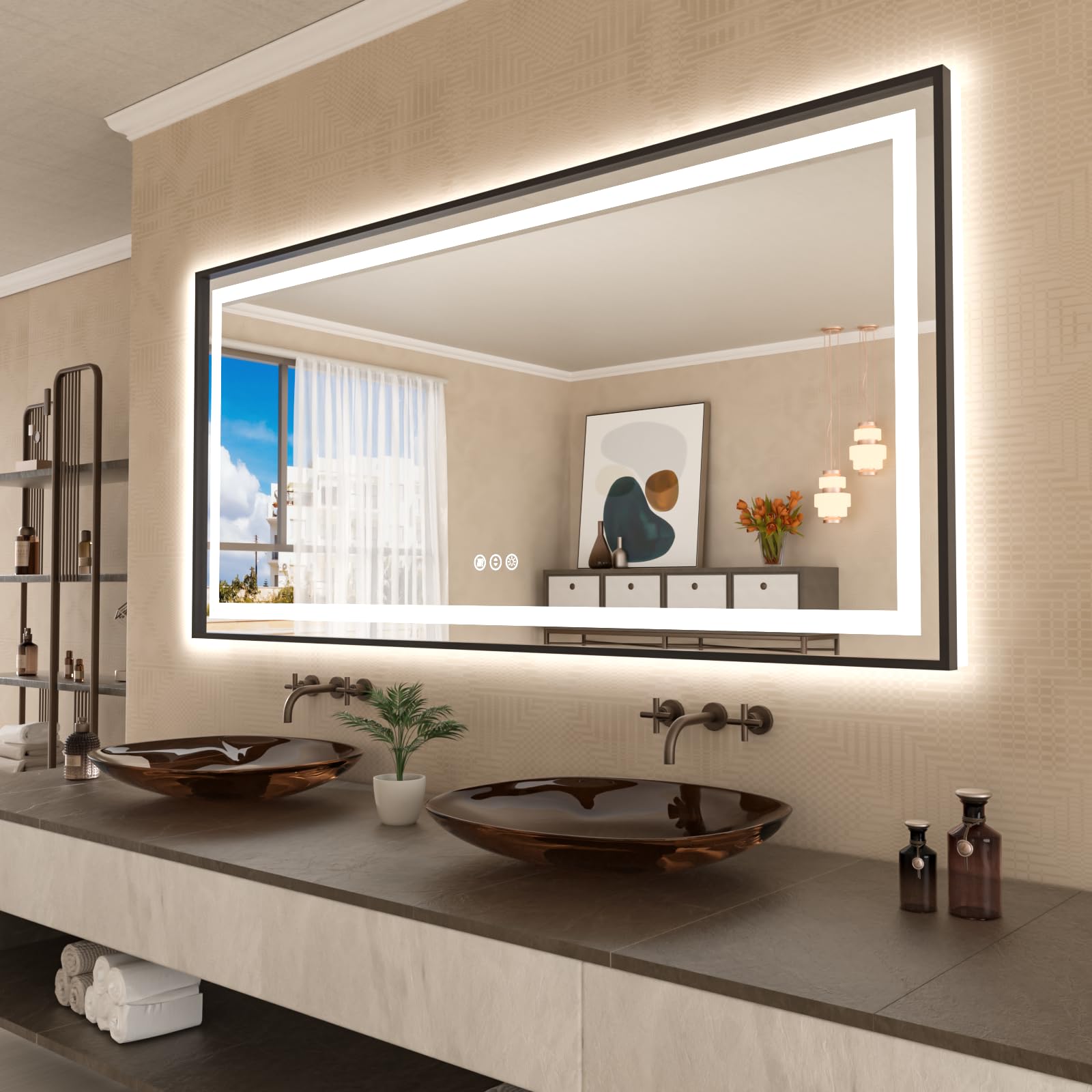 Amorho 84''x 40'' LED Bathroom Mirror Framed, Front Light and Backlit, Stepless Dimmable, Anti-Fog, Shatter-Proof, Memory, 3 Col