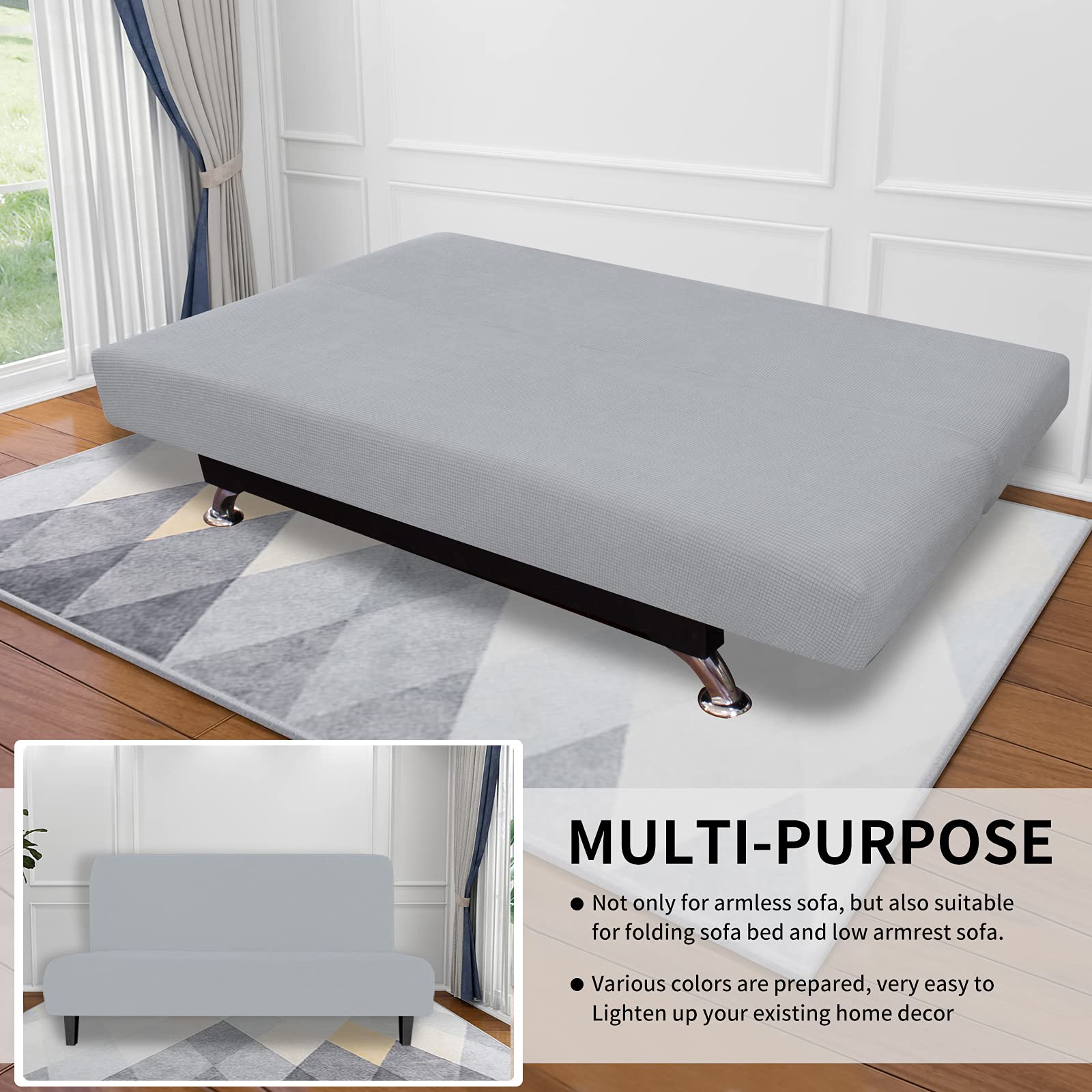 Easy-Going Stretch Futon Sofa Slipcover Armless Sofa Bed Cover Furniture Protector Without Armrests With Elastic Bottom For Kids,Soft Jacquard Fabric Small Checks(Medium Futon,Silver Gray