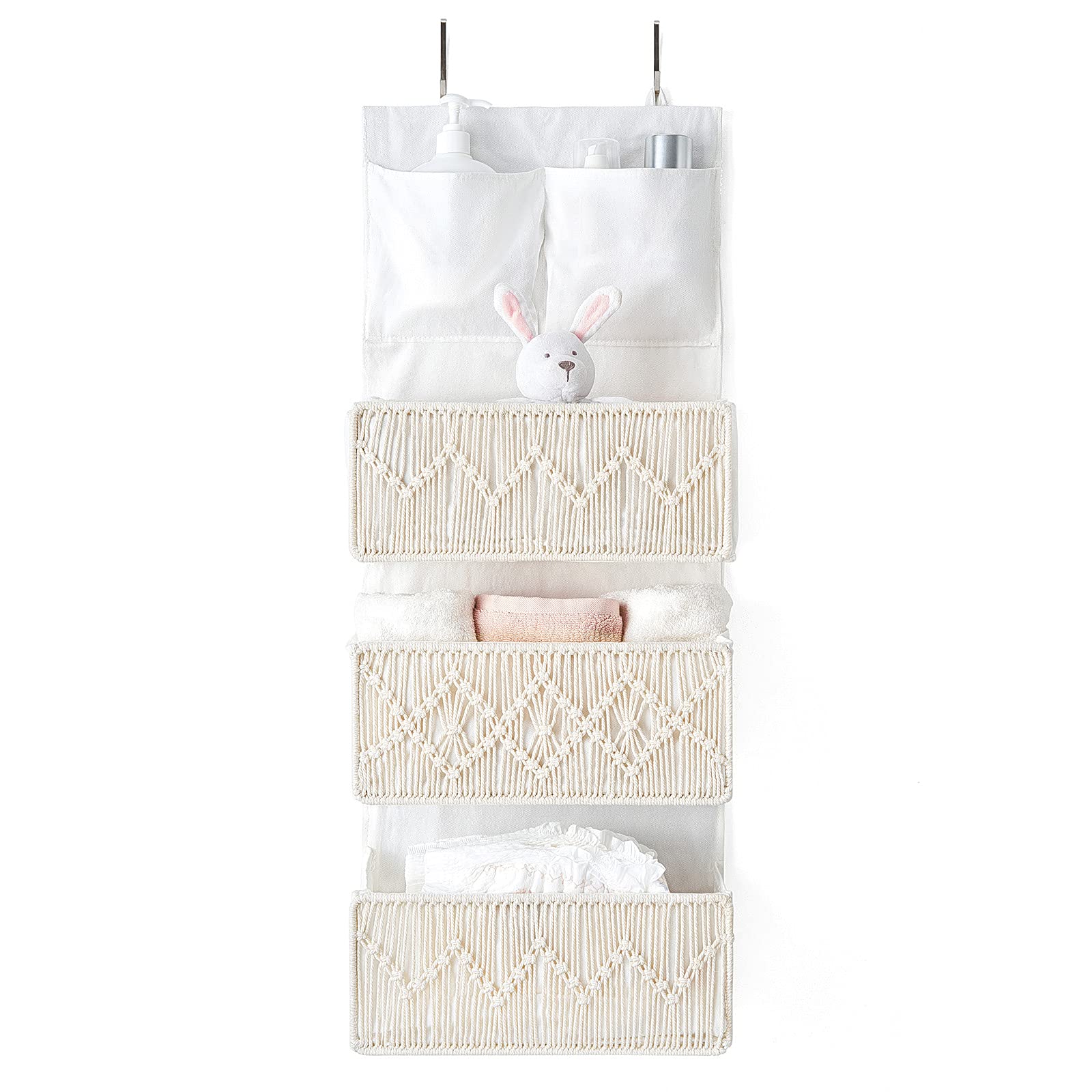 Mkono Macrame Over The Door Organizer, Boho Storage Decor with 3 Woven Pockets, Bedroom Closet Door Hanging Organizer for Baby N
