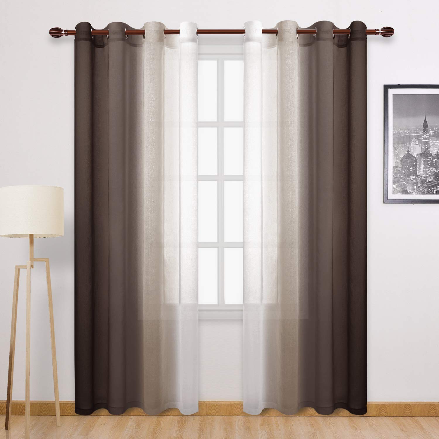 Dwcn Ombre Faux Linen Sheer Curtains - Extra Long Gradient Semi Voile Grommet Top Bedroom And Living Room Curtains, 52 X 102 Inc