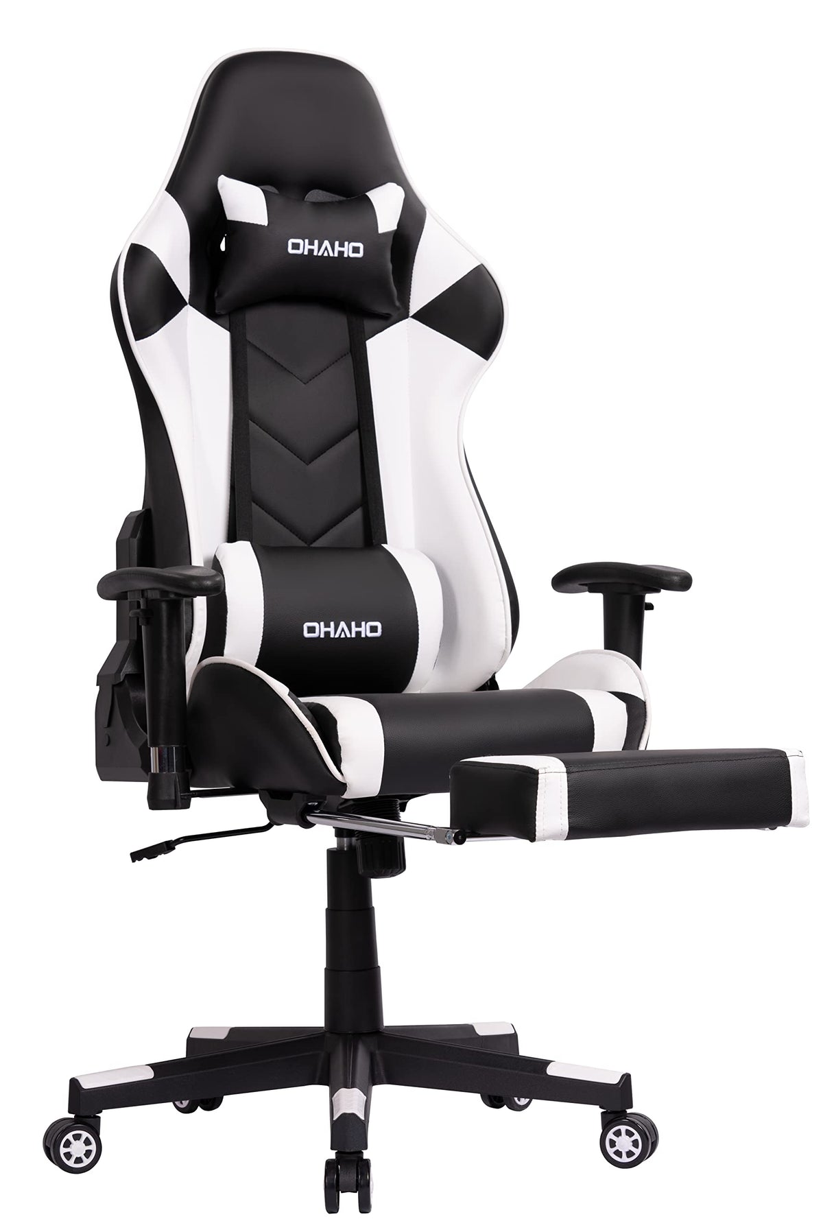 Ohaho Gaming Chair Racing Style Office Chair Adjustable Massage Lumbar Cushion Swivel Rocker Recliner High Back Ergonomic Computer Desk Chair With Retractable Arms And Footrest(Black/White)