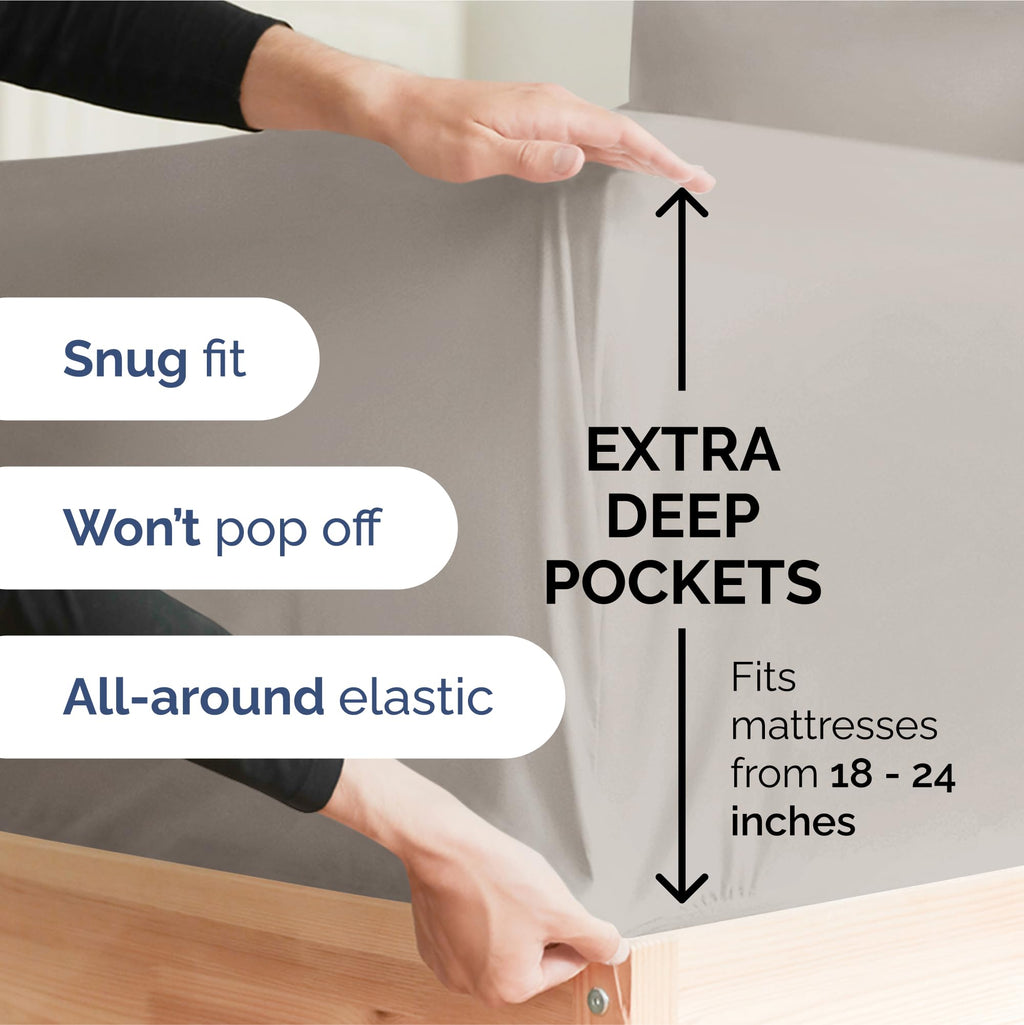 Extra Deep Pocket Cal King Sheets - 4 Piece Breathable & Cooling Bed Sheets - Hotel Luxury Sheet Set - Soft, Wrinkle Free & Comfy - Easily Fits Extra Deep Mattresses - Deep Pocket Light Grey Sheets