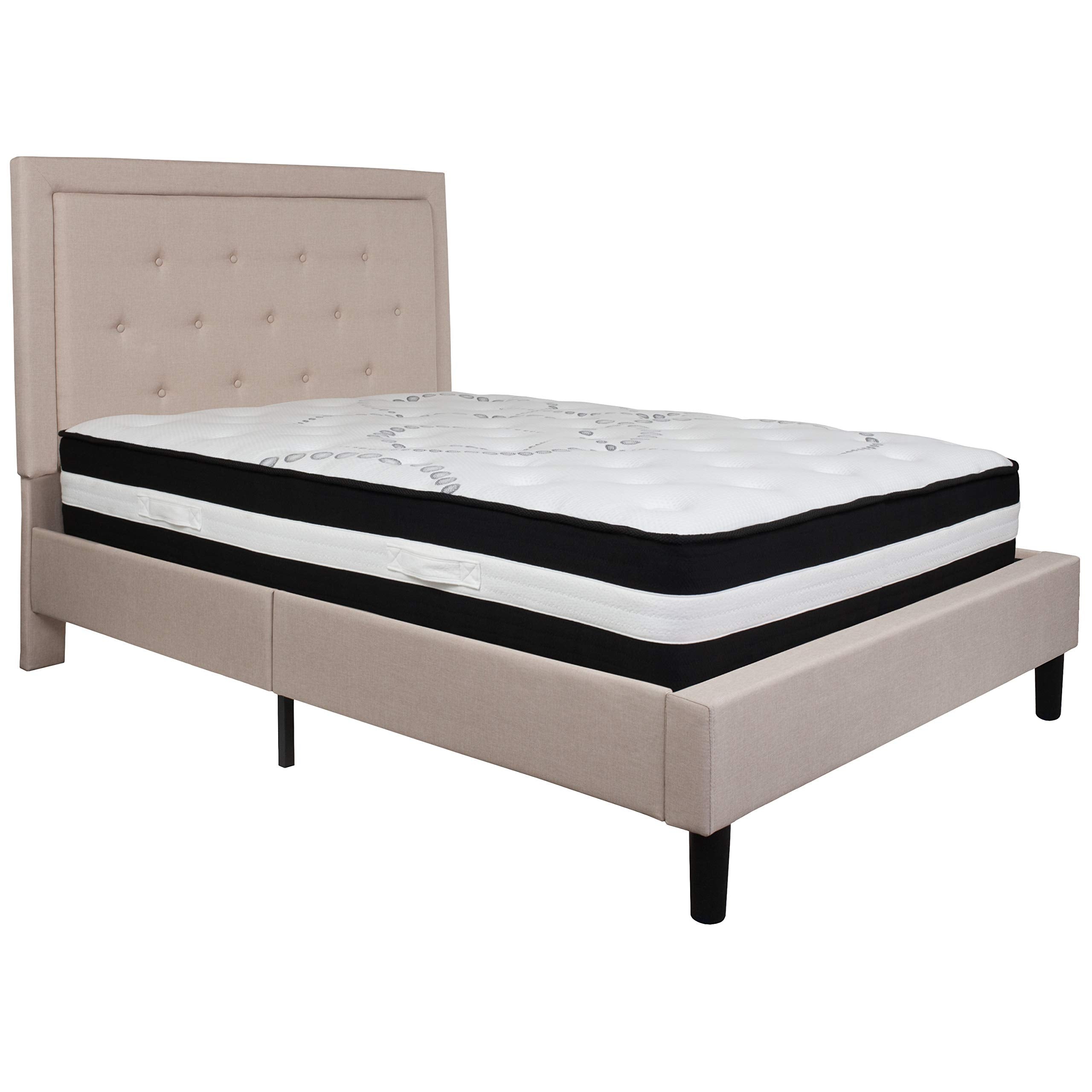 Flash Furniture Roxbury Full Size Tufted Upholstered Platform Bed In Beige Fabric With Pocket Spring Mattress