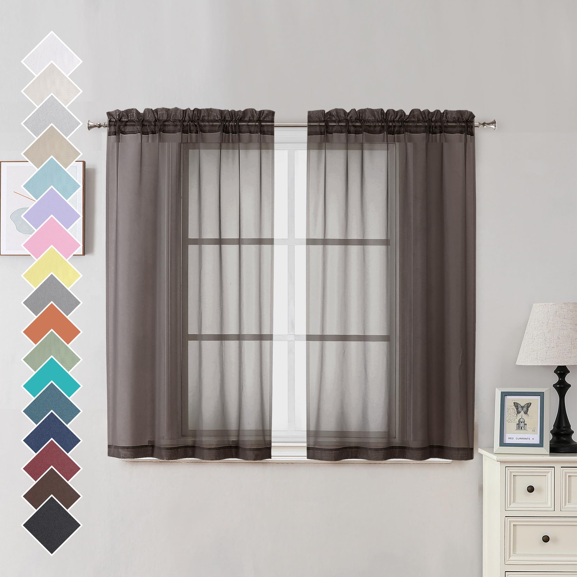 Ovzme Chocolate Brown Sheer Curtains 45 Inches Long 2 Panels, Light Filtering Sheer Curtains For Bedroom, Elegant Airy Draperies