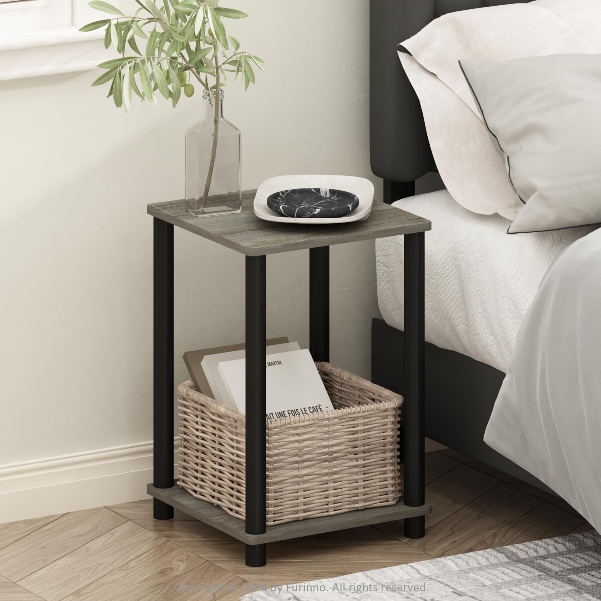 Furinno Turn-N-Tube Nightstand, Bedside Table, French Oak/Black