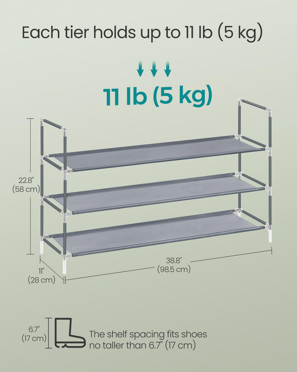 SONGMICS 3-Tier Shoe Rack, Grey Metal Frame with Non-Woven Fabric Shelves, Slim Space-Saving Storage for Hallway Closet, 11''D x 38.8''