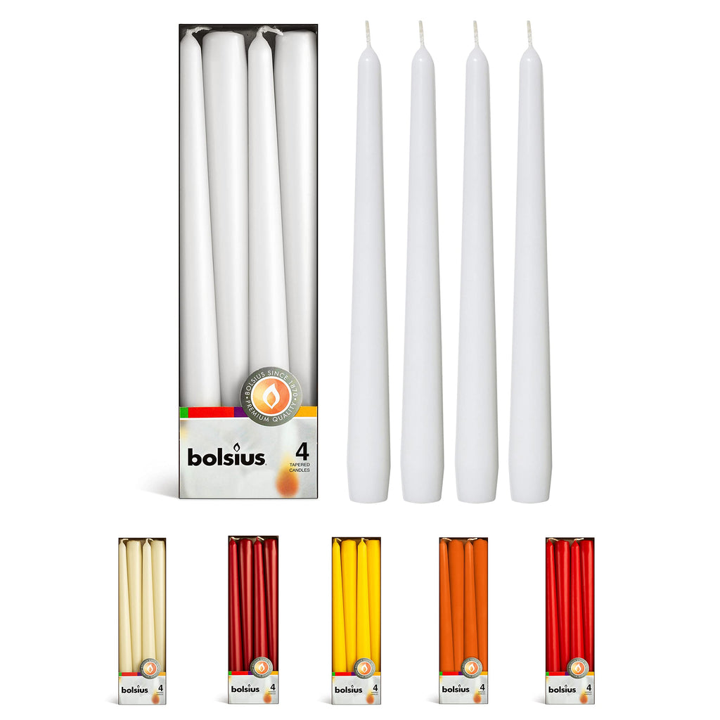 BOLSIUS White Taper Candles - 4 Pack Unscented 10 Inch Dinner Candle Set - 8 Hours Burn Time - Premium European Quality - Smokel
