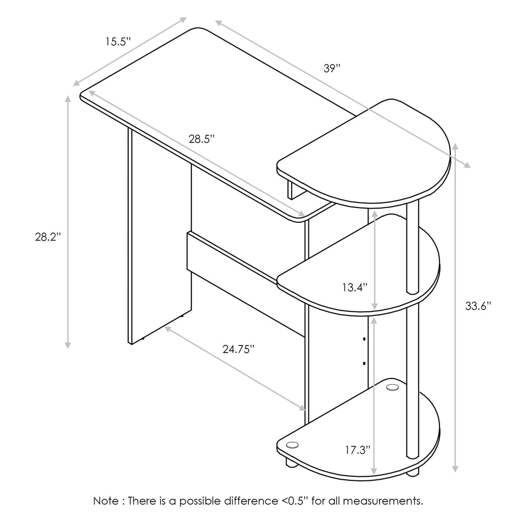 Furinno Compact Computer Desk With Shelves, Round Side, Dark Walnut