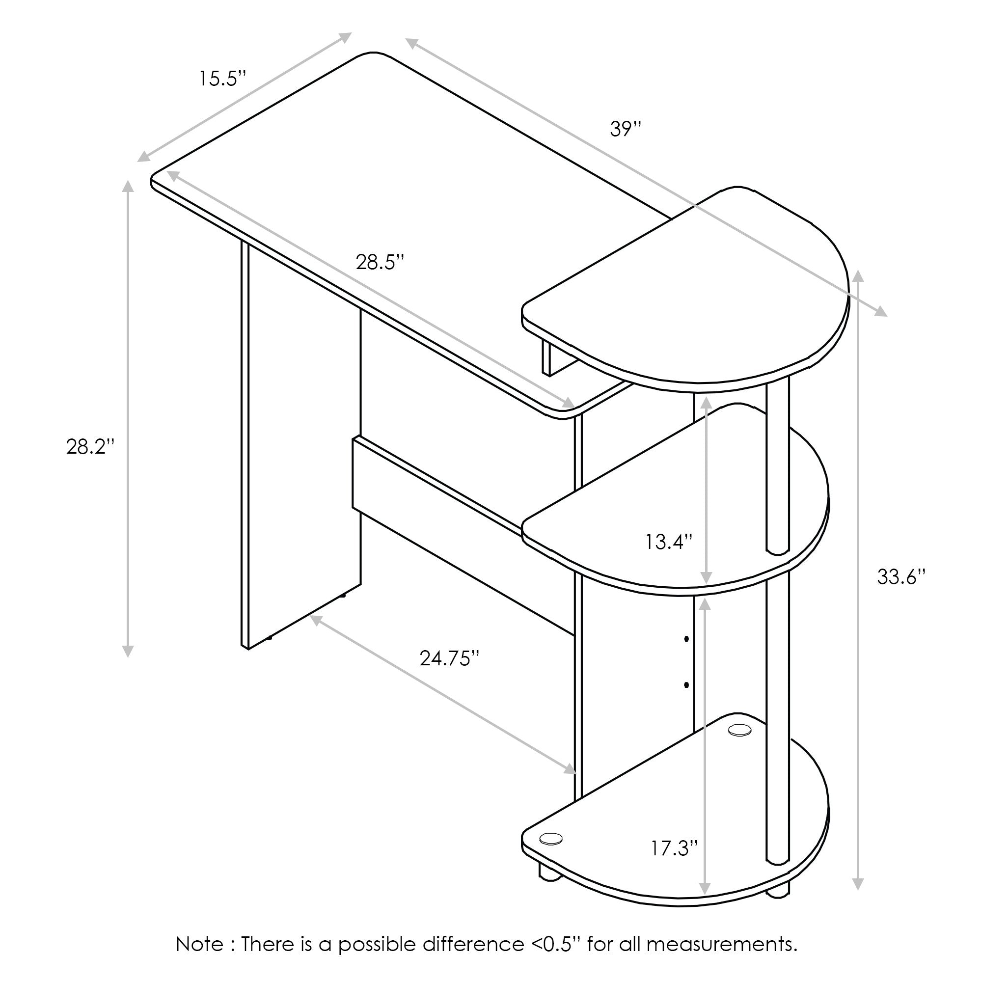Furinno Compact Computer Desk With Shelves, Round Side, Dark Walnut
