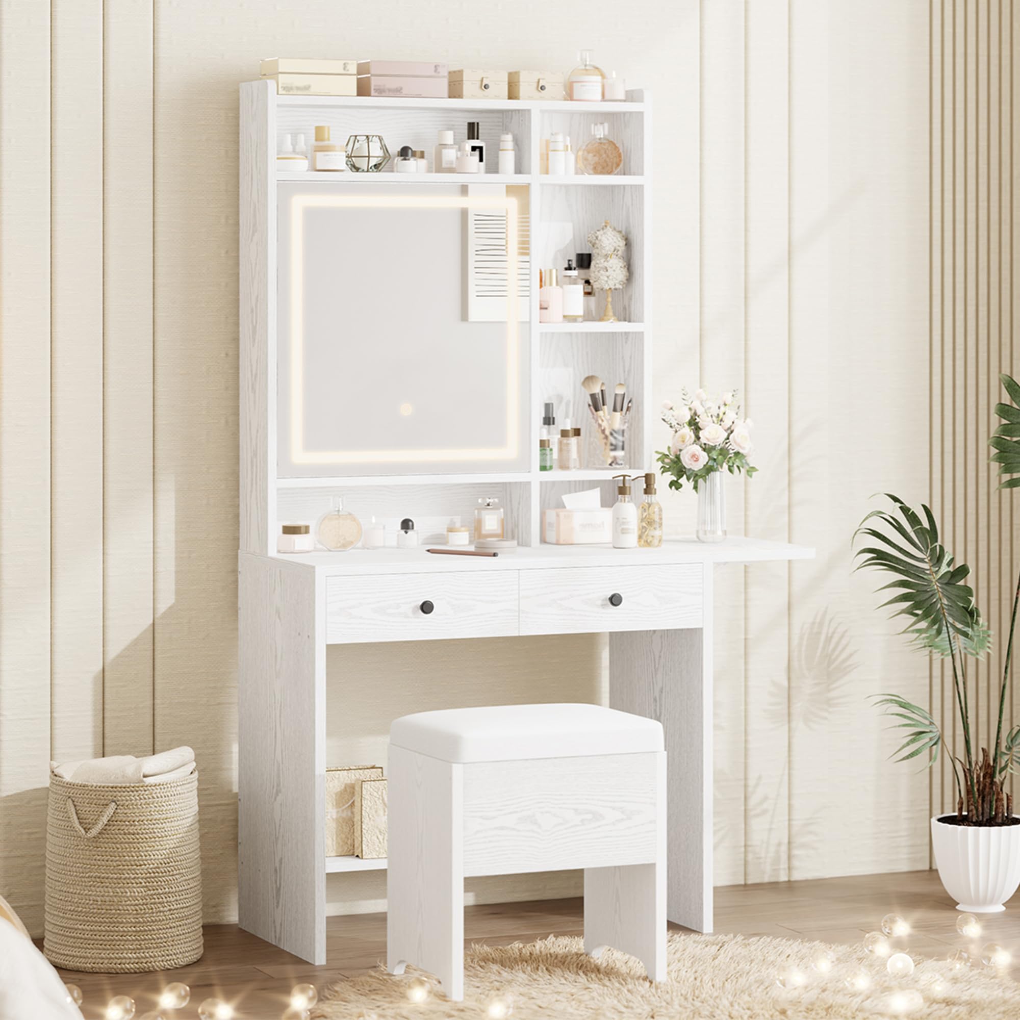 IRONCK Vanity Desk with Mirror and LED Lights, Jewelry Cabinet, Makeup Dressing Table Set with Drawers, Storage Shelves, for Bed