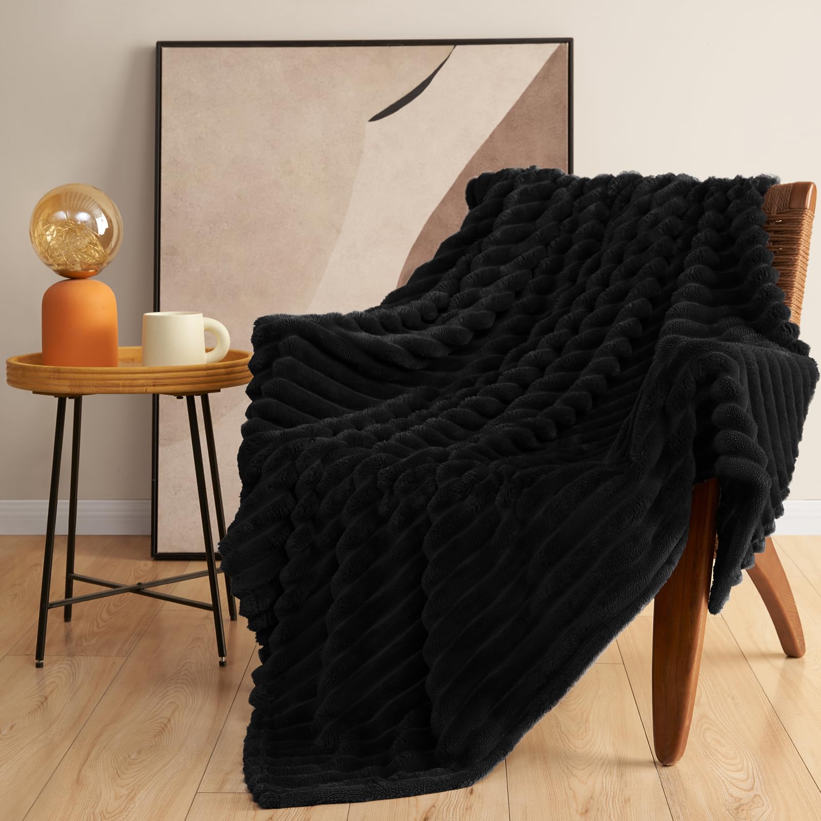 Himeet Black Blanket Fuzzy Goth Blanket Soft Fleece Black Throw Blanket For Couch Ridges Design Wash Up Nicely