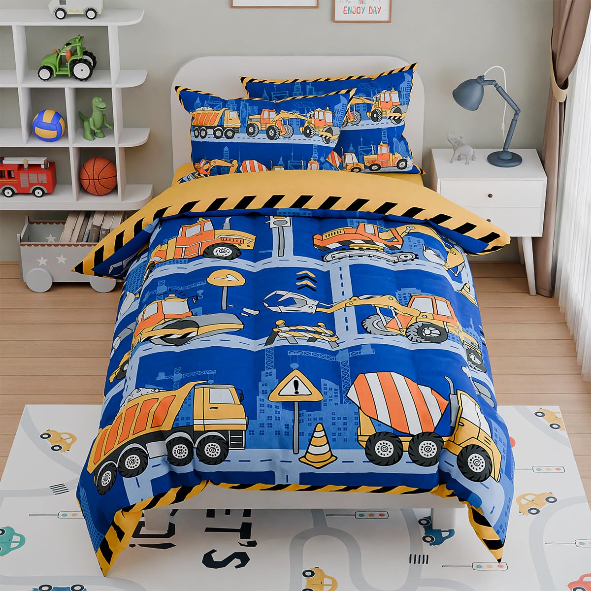 Sandjest Construction Bedding Sets For Boys, Ultra Soft Microfiber Comforter Bed Set With 3-Pieces, Comforters Sets For Kids Chi