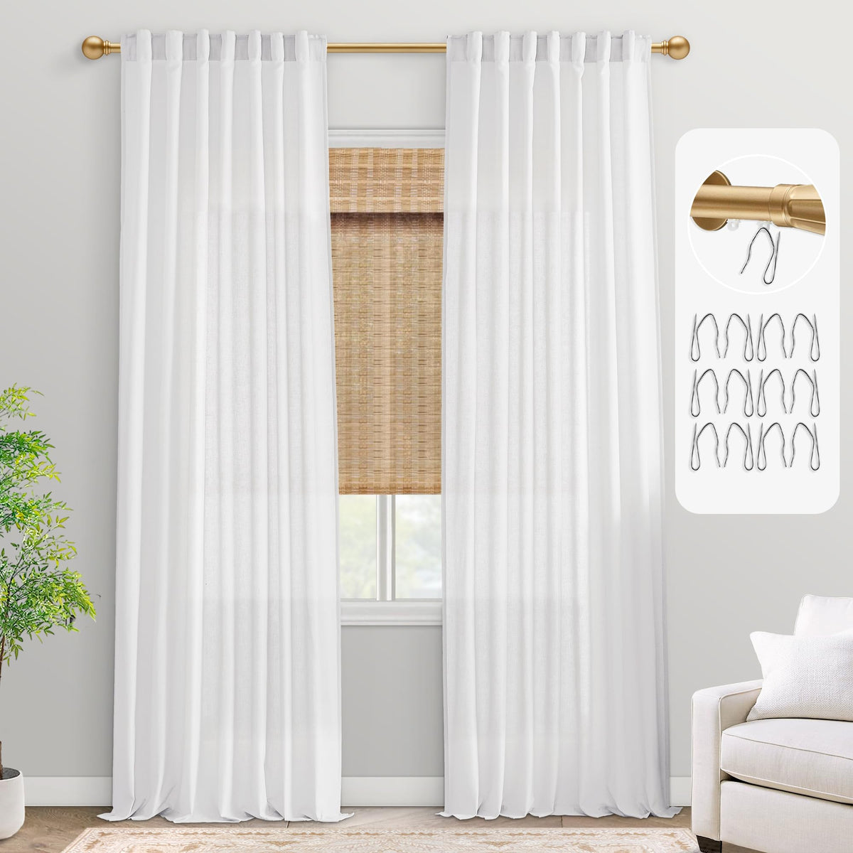 PANELSBURG 100 Inch Curtains for Living Room,Back Tab Pleated Non See Through Elegant White Sheer Cotton Linen Curtains 100 Inch