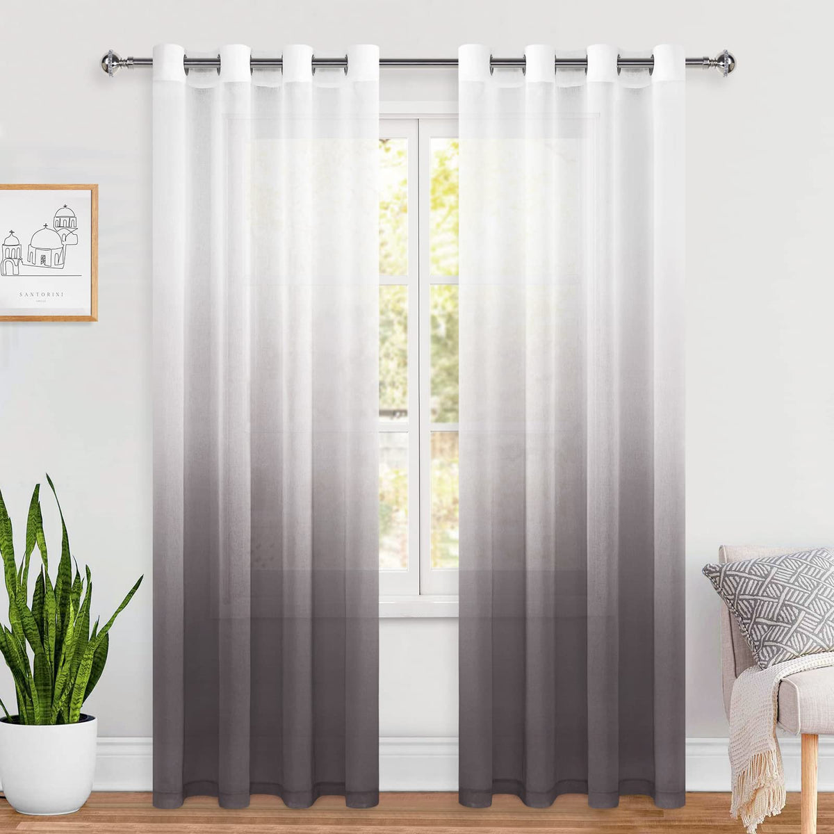 Hiasan Ombre Sheer Curtains 84 Inches Long - Faux Linen Decorative Voile Grommet Window Curtains for Bedroom and Living Room, Li