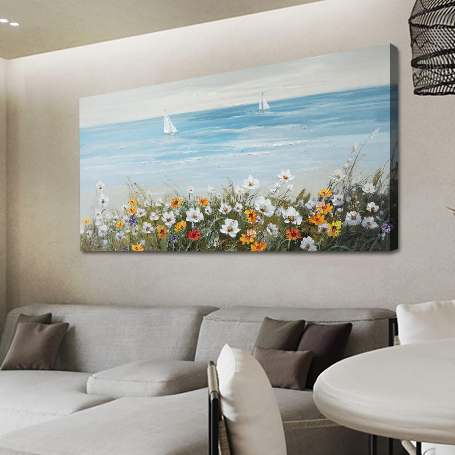 Ardemy Blue Coastal Wall Art Ocean Canvas Flowers Daisy Painting Landscape Sailboat Picture White Yellow Artwork Modern Seascape