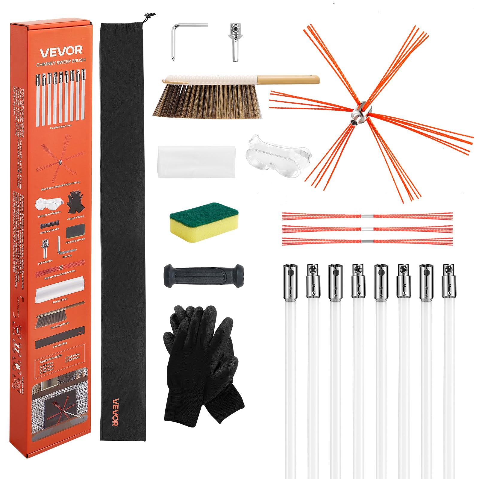 VEVOR Chimney Sweep Kit, 26 ft Maximum Extendable Length Chimney Brush, Chimneys Cleaning Kit with Bristle Replacements & Goggle