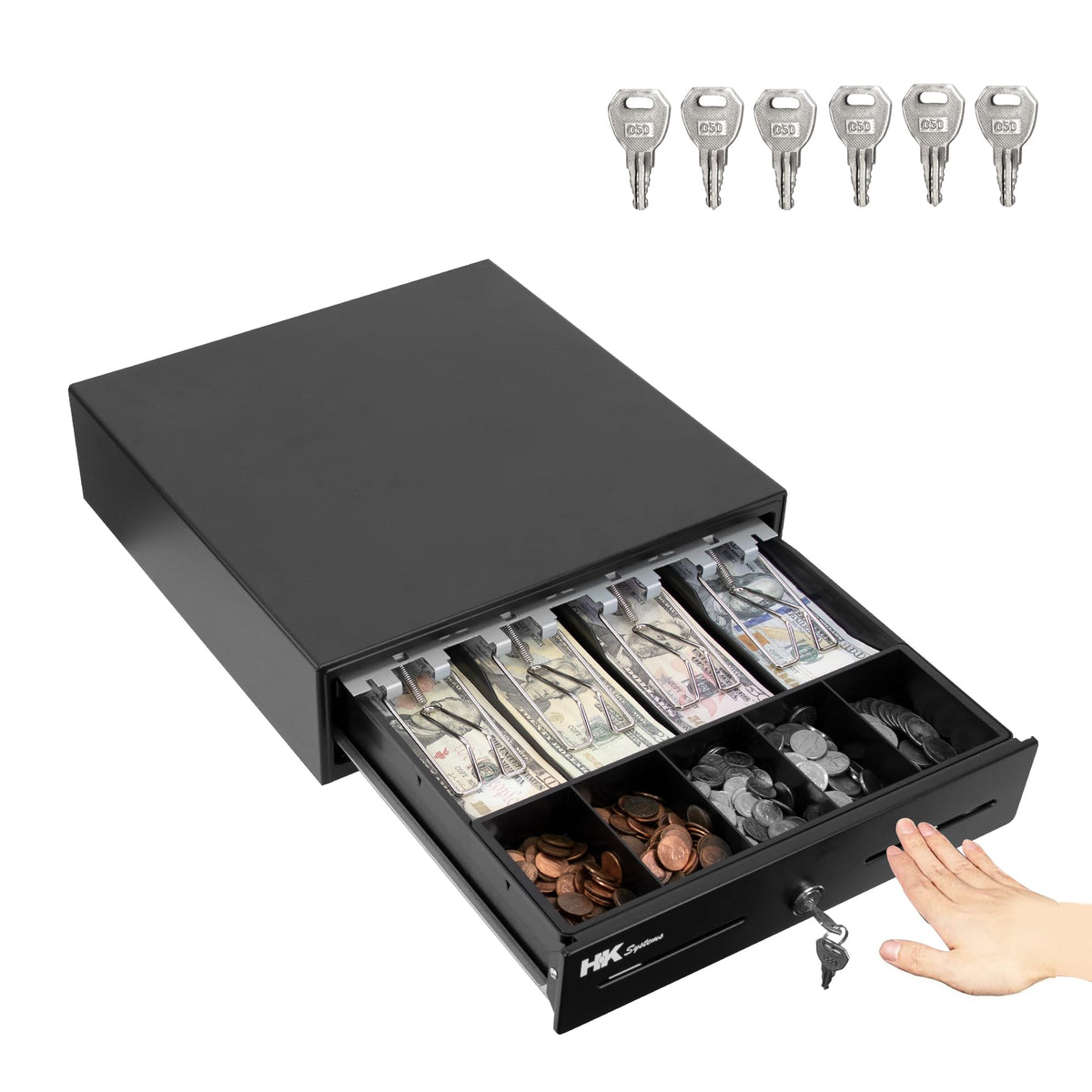 Hk Systems 13Inch Heavy Duty Manual Push-Open Cash Drawer With 4Bill/5Coin, Removable Till, Two Medial Slots, Black