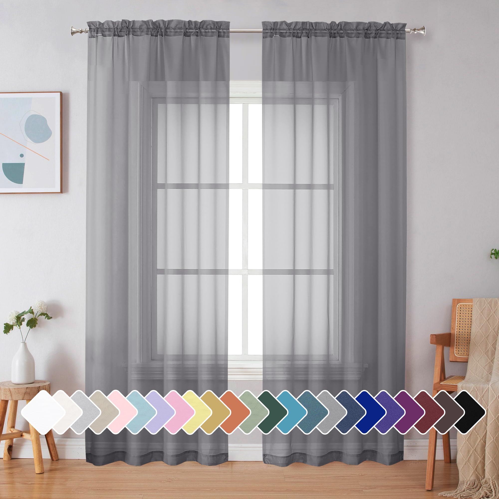 Simplebrand Grey Sheer Curtains 90 Inches Long, Light Filtering Rod Pocket Solid Color Window Sheer Curtain Panels, Elegant Curt