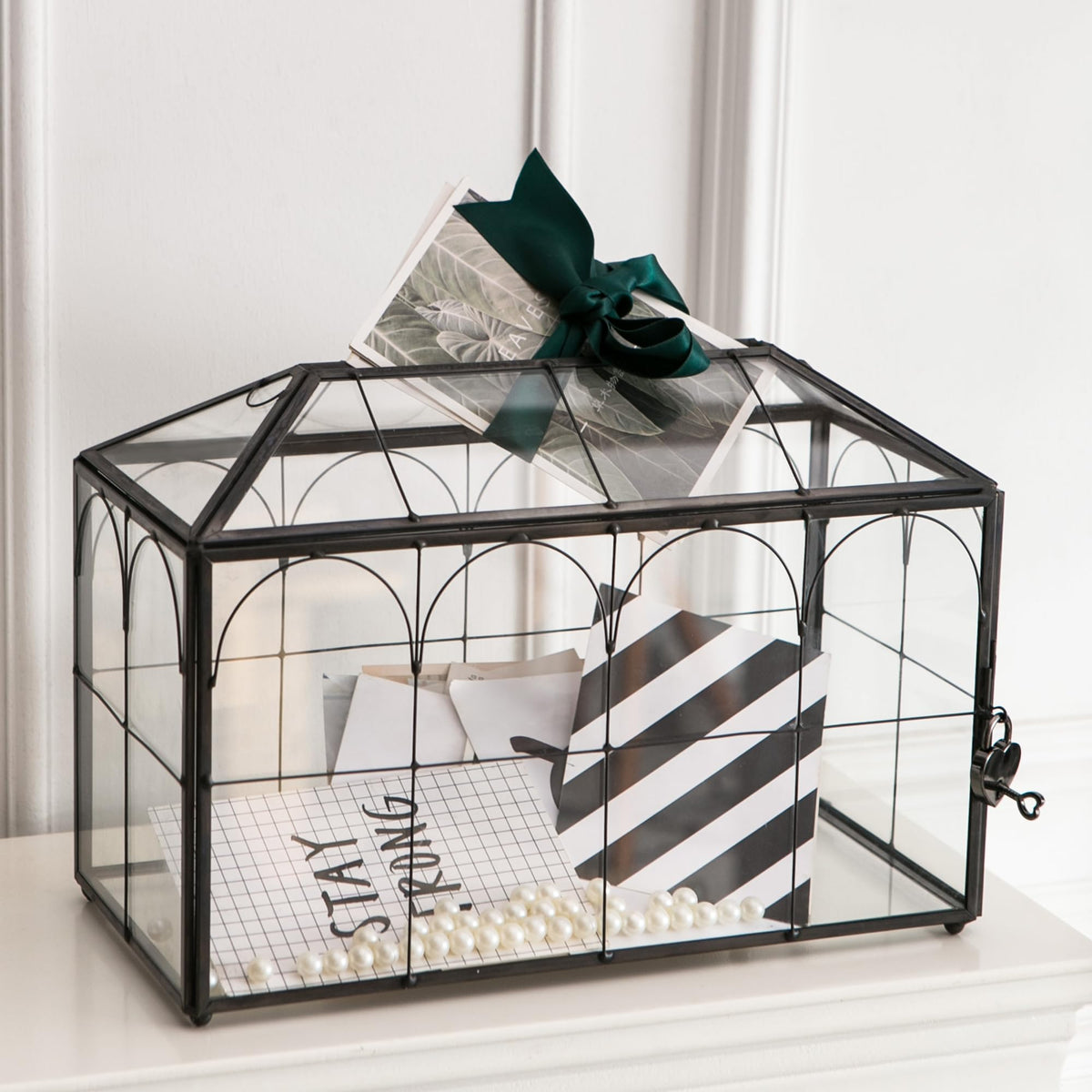 Giadun Wedding Card Box with Slot, 12.6'' Large Glass Card Boxes for Reception, Black Geometric Holder, Clear Decorative Storage