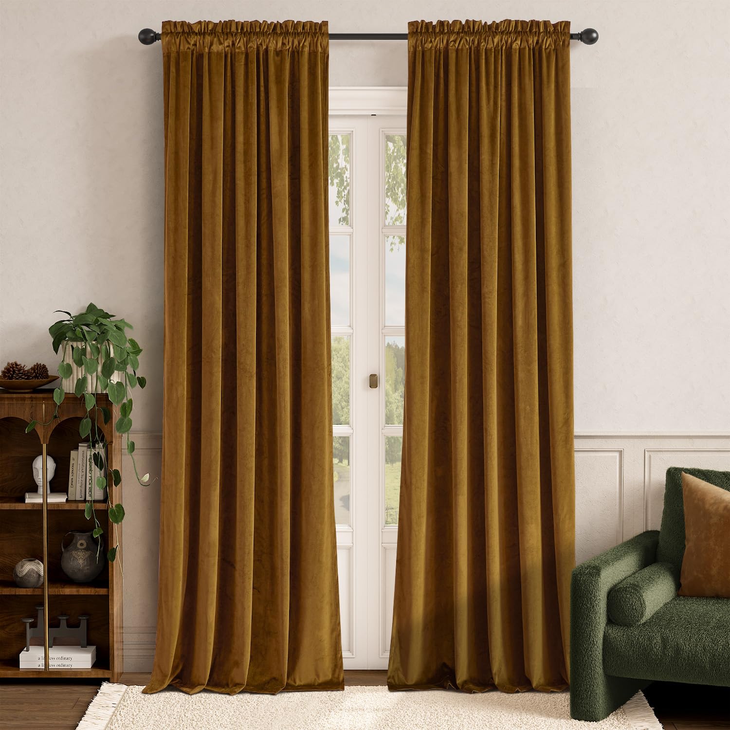 Lazzzy Velvet Curtains Brown Thermal Insulated Drapes For Bedroom Living Room Darkening 102 Inches Long Window Treatments Luxury Rod Pocket 2 Panels Gold Brown