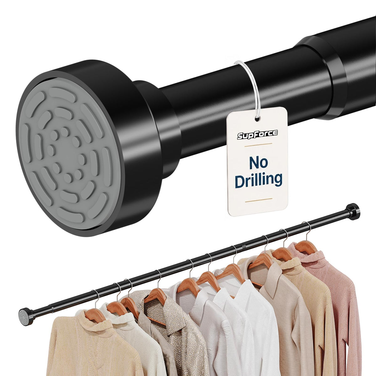Supforce Closet Rod, No Drill Closet Rod for Hanging Clothes, 1769in,Black