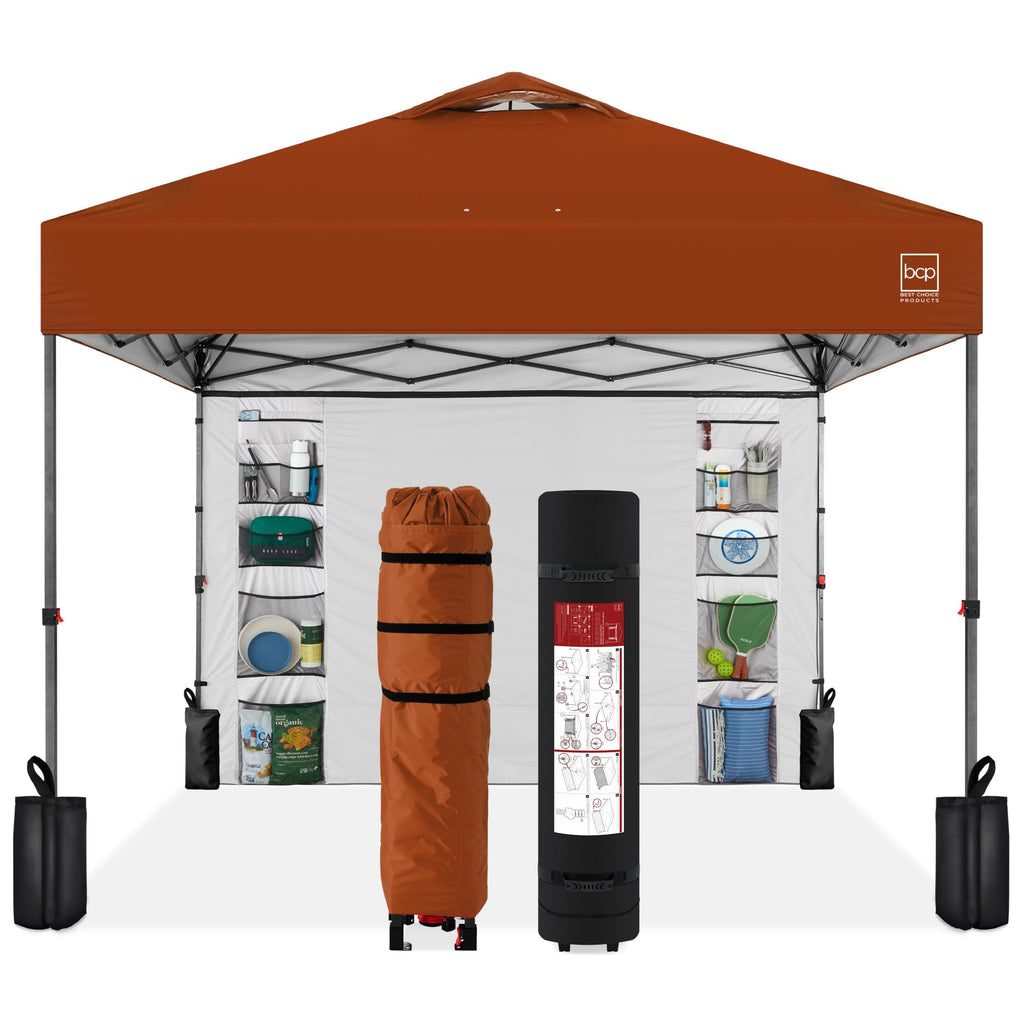 Best Choice Products 10X10Ft Easy Pop Up Canopy W/Side Wall, 10 Pockets, Portable Carrying Case, 1-Button Setup, 4 Weight Bags - Rust