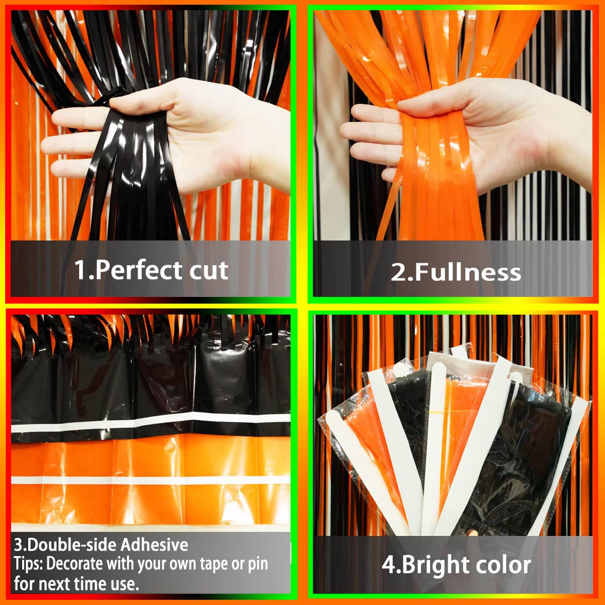 Black Orange Party Tinsel Foil Fringe Curtains - Halloween Construction 1St Birthday Baby Shower Graduation Wedding Party Stream