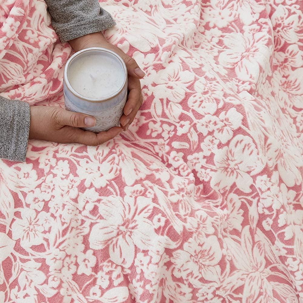 Fy Fiber House Flannel Fleece Throw Blanket Super Soft Lightweight Microfiber With Flower Print For Couch, 90''X90'', Peach