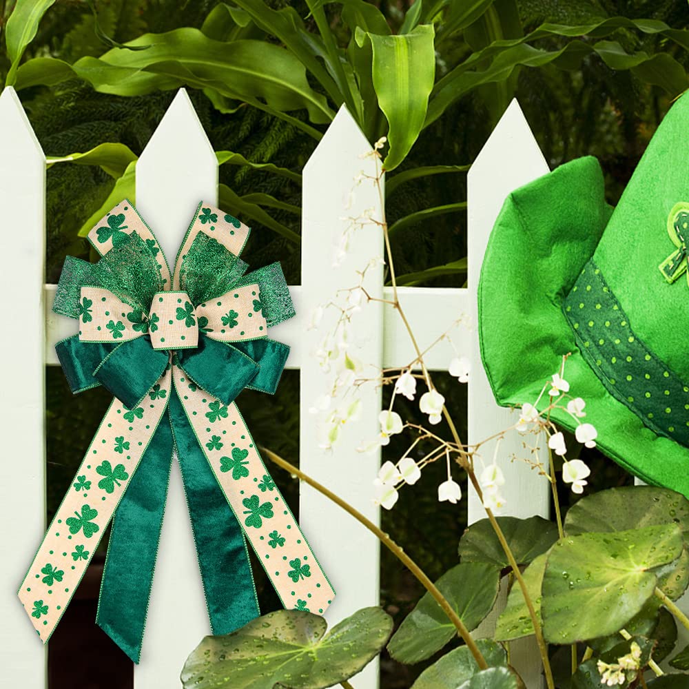 Large St. Patrick'S Day Wreath Bows, Green Glitter Bows For Wreath Shamrock Bows For Front Door, St. Patrick'S Day Ornaments Vel