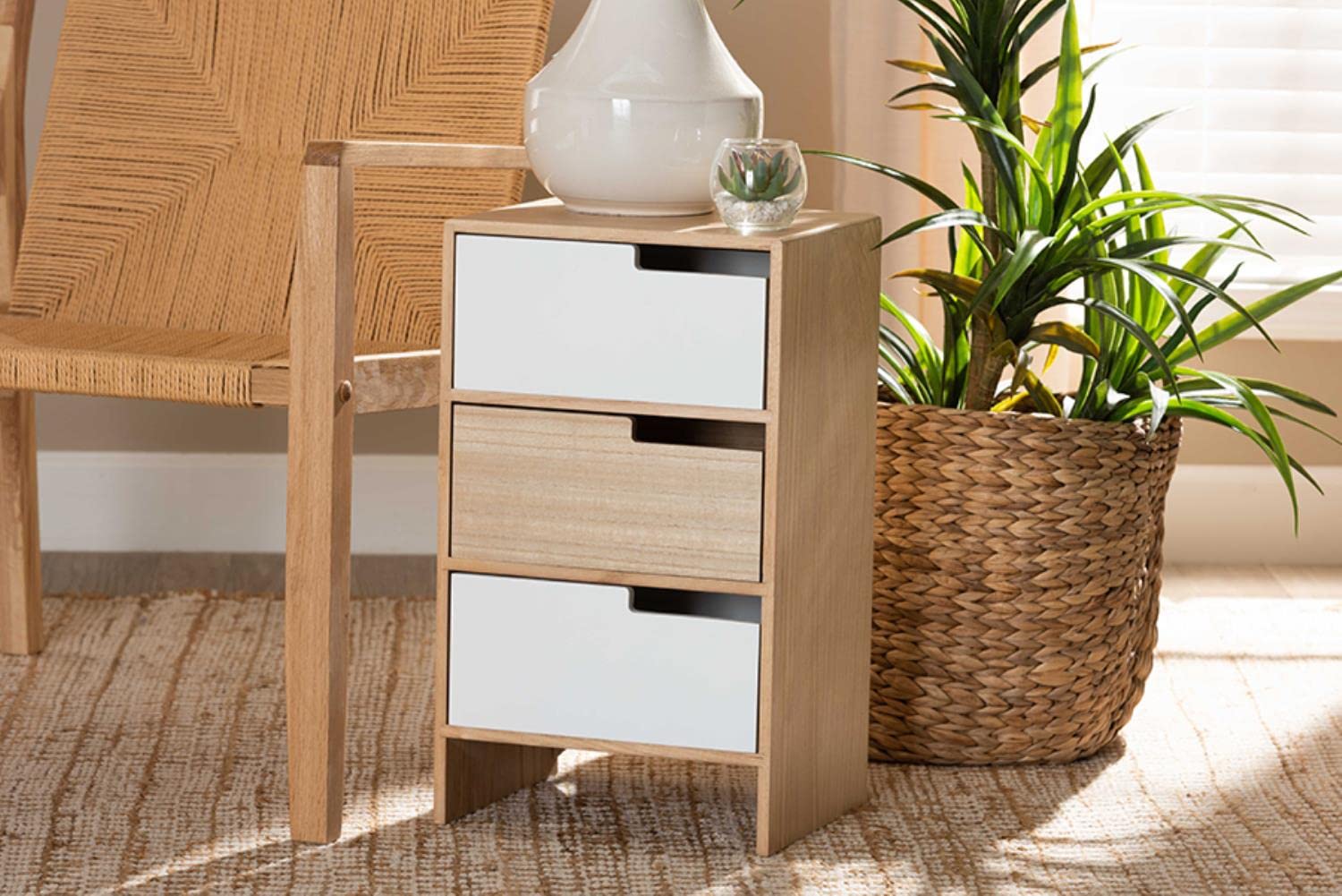 Baxton Studio Eben Modern and Contmeporary Two-Tone White and Oak Brown Finished Wood 3-Drawer Storage Cabinet