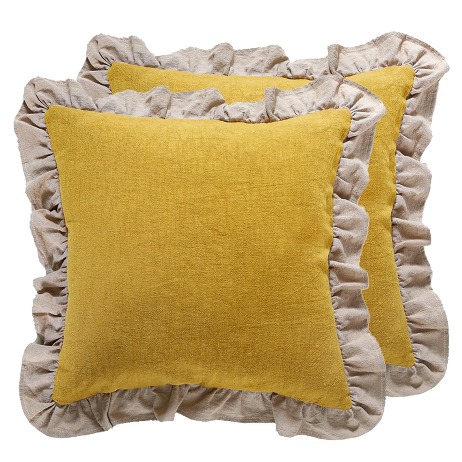 Patdrea Yellow Decorative Throw Pillow Covers 18X18 Set Of 2, Farmhouse Linen Pillow Covers With Ruffles, Square Sturdy Throw Pi
